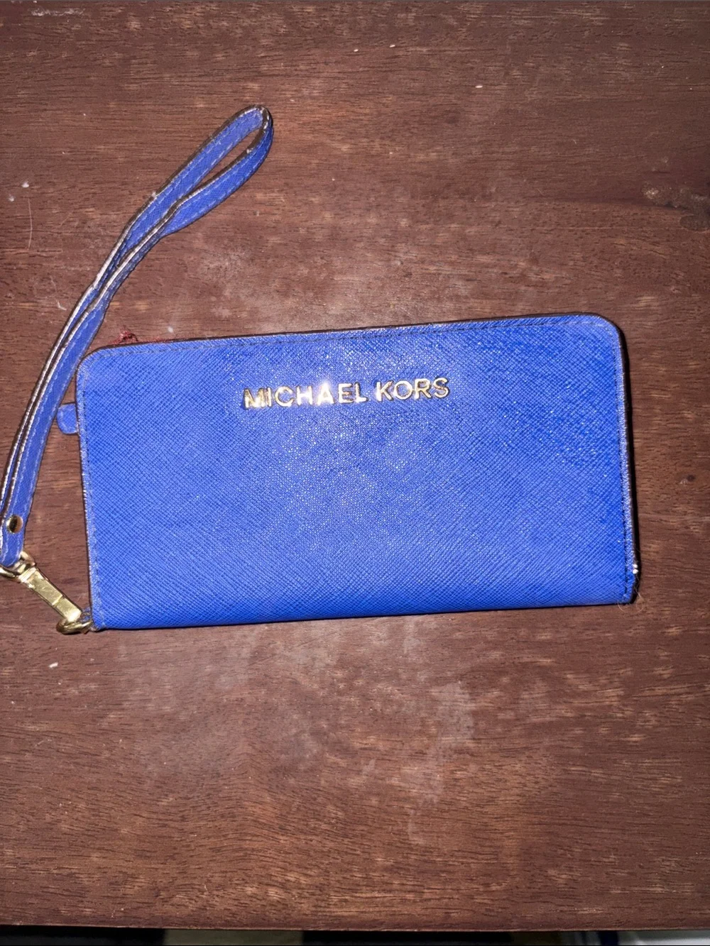 Michael Kors Blue Saffiano Zip Wristlet Wallet with Gold Logo